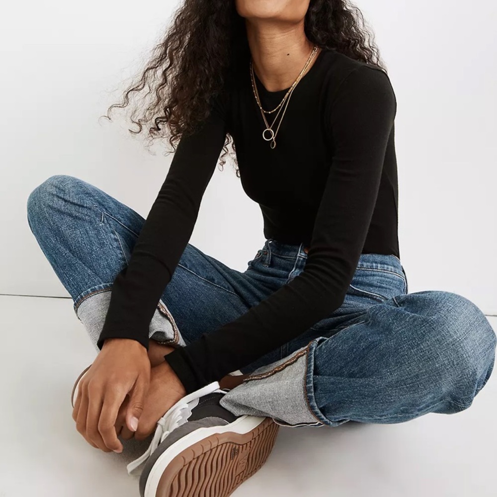 NWT. Madewell crewneck thong bodysuit long sleeve. black.